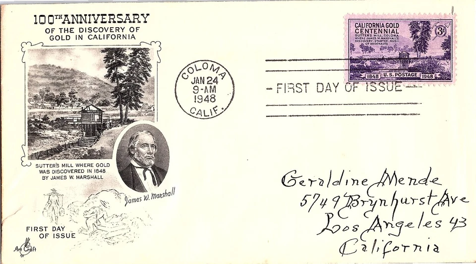 California Gold Discovery Centennial Jan. 24, 1948 Mail Cover FDC - Image 1 of 1