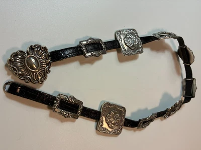 Vintage 1993 Brighton camafeo concho cinturón de cuero 29" cintura pequeño negro victoriano Foto 1 de 4