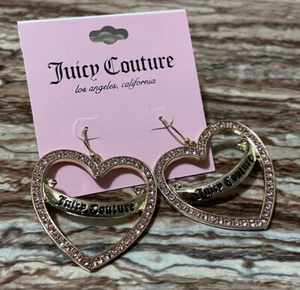 Juicy Couture Jewelry Gold Heart Earrings Logo Crystal Pave Pink Rhinestones - Picture 1 of 9