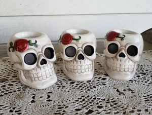 Set of (3) Ceramic Rose Skull Tea Light Votive Candle Holders Halloween Decor - Picture 1 of 8