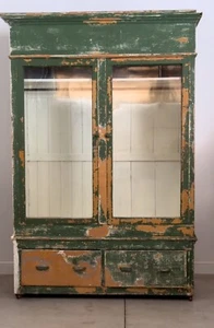 Antique Apothecary Display Cabinet Green primitive cupboard Hutch Display Glass - Picture 1 of 9