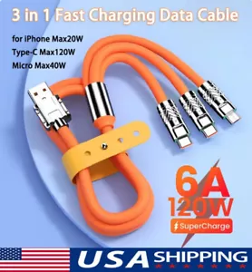 Max 120W 6.0 FT Fast Charging Cable USB 3 in 1 Universal Cell Phone Charger Cord - Picture 1 of 22