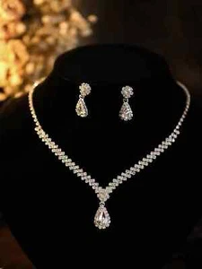 Full Cubic Zirconia Water-drop Pendant Necklace And Earrings Set Jewelry Set - Picture 1 of 4