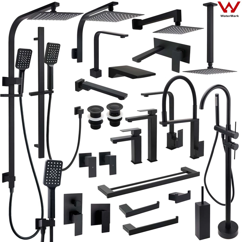 Matte Black Square Basin Mixer Sink Tap Spout Shower Head Towel Rail Rack Hook - image 1 of 1