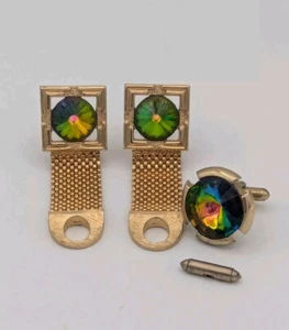 3 Pc Cuff Links Set Volcano Crystal Glass Rivoli Wrap Around Cufflinks Tie Pin - Picture 1 of 8