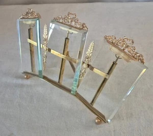 Antique French Triptych Photo Frame Beveled Glass Gilt Bronze Floral Deco c.1900 - Picture 1 of 8