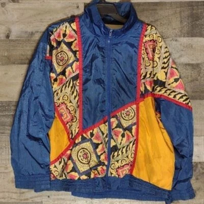 Jaqueta corta-vento leve Petite L vintage anos 90 Bay Waters ornamentada colorblock - Imagem 1 de 3