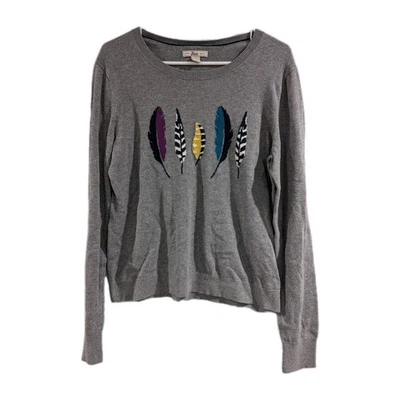 Bass Crewneck sweater Gray Knit feathers graphic Womens Large Grannycore Teacher - Image 1 of 4