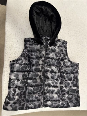 Colleen Lopez Black Silver Leopard  Print Vest Detachable Faux Fur Hood SZ 3X - Image 1 of 4