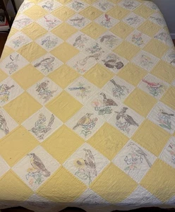 Vtg 1940s Painted State Bird Quilt Yellow White Hand Quilted 102x98”King CUTTER - Picture 1 of 24