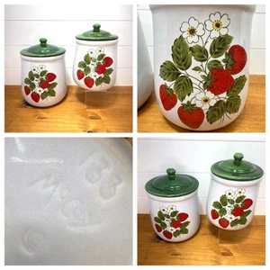 Set of 2 Vtg McCoy Strawberry Country Canisters w/ Lids 7.5” & 8.5” Tall EUC - Picture 1 of 24