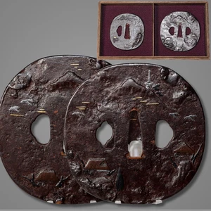 Japanese Antique Iron Tsuba Set of 2 with Landscape Design Sword Guard w / box - Picture 1 of 24