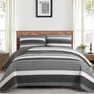 Quilt Set Queen Size Gray and Black and White 3 Pieces - Grey Patchwork Striped - Picture 1 of 8