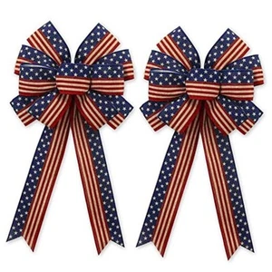 2Pcs 4th of July Large Wreath Bow Patriotic Rustic Red Blue Star Strip Bow - Picture 1 of 8