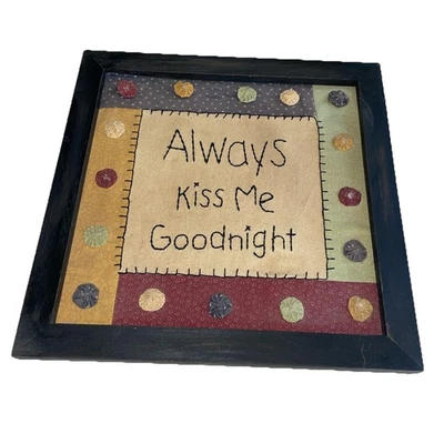 Country Primitive Framed Sampler Always Kiss Me Good Night Stitchery Wall Decor - Image 1 of 4