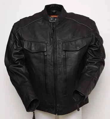 Mens Dual Side Utility Pocket Leather Scooter Jacket w/ Reflective Piping FIM298 - Image 1 of 3