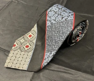 Vintage Wide Neck Tie Geometric Stripe Red Blue Black Gray Polyester Ugly Funky - Picture 1 of 12