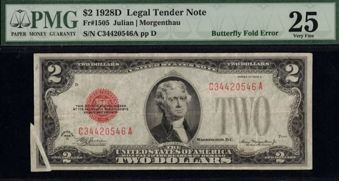 1928D $2.00 USN "BUTTERFLY ERROR" P.M.G #25 Cover