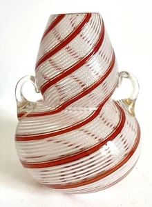 Murano venezianische Vase aus mundgeblasenem Glas rote & weiße Bänder mit Gold - Bild 1 von 6