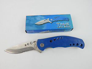 TRUE Folding Knife Tactical Blue Handle Frost Cutlery Linerlock 4-1/2" Blade