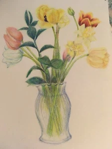 DISEGNO A MATITA COLORATO TULIPANO ORIGINALE FIRMATO - Foto 1 di 1