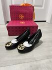 Tory Burch Black/Gold Sally-Mestico Leather Gold Logo Wedges Shoes, Size 6