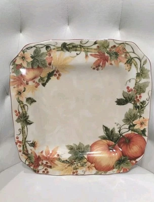 222 Fifth PUMPKIN VINE ORANGE DINNER PLATES SQUARE Thanksgiving NEW Elegant S/ 4 - Image 1 of 4
