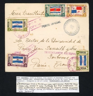 1948 Guatemala Cover To France 25ct w Official O/P Transatlantic Air Service Pmk - image 1 of 2