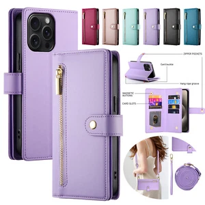 For iPhone 16 Pro Max 15 14 13 12 11 Zipper Wallet Pocket Crossbody Strap Case - Picture 1 of 48