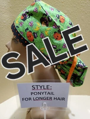 Black Cats Halloween SALE Women's Ponytail Surgical Scrub Hat/Cap Handmade - Image 1 of 4