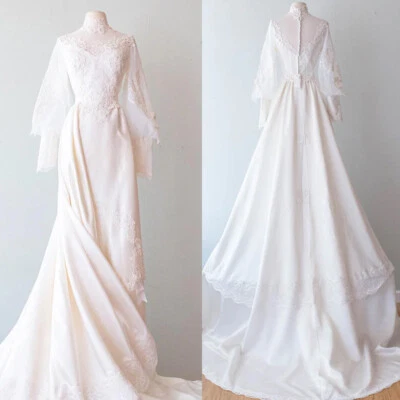 Vintage Wedding Dresses Long Sleeves Ivory Satin Train 1960s Retro Bridal Gowns - Image 1 of 4