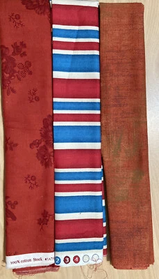 Vintage Lot of 3 Fat Quarters Cotton Fabric Red Blue Orange Variety Lot #12 - Image 1 of 3