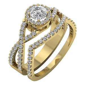 VS F 1.30 Ct Lab Grown Round Diamond Split Shank Bridal Ring Set 10K Solid Gold - Picture 1 of 8