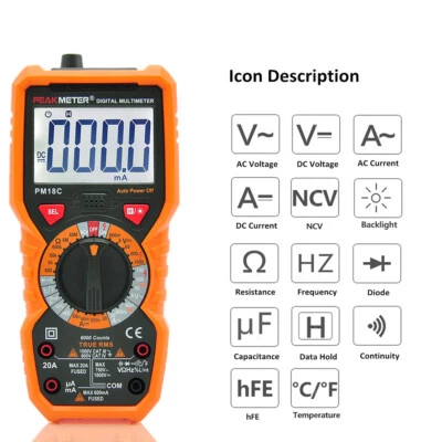 PM18C T-RMS Digital Multimeter AC DC Voltmeter Ohmmeter NCV Cap Freq Temp Tester - Image 1 of 4