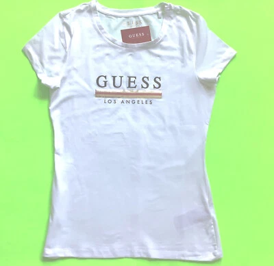 New GUESS Los Angeles Women’s Short Sleeve T-Shirt LARGE White w/Gold, Silver - Image 1 of 4