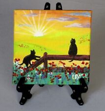 Spring Black Cats Original Painting 3x3 Miniature Art with Easel Creationarts