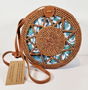 Hand Woven Round Rattan Wicker Crossbody Bag Purse Leather Straps - Picture 1 of 19