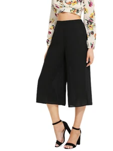 Pantaloni casual neri corti al polpaccio larghi tessuto leggero elegante - Picture 1 of 3