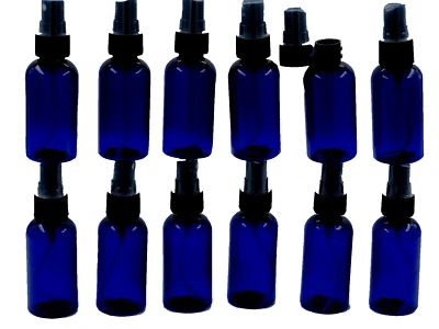 12 Cobalt Blue Boston Round Plastic Bottle with Black Fine Mist Sprayer-2 oz - Image 1 of 4