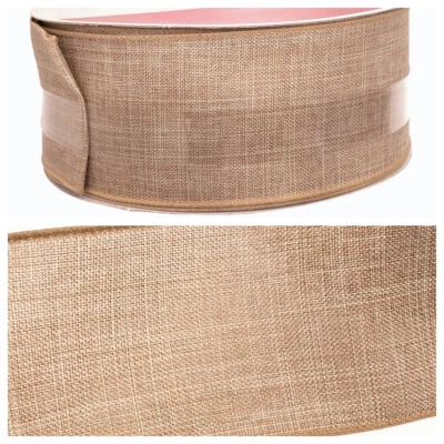 Celebrate It Wired Ribbon Christmas Wreath Tan Faux Linen Jumbo 2.5 in × 75 ft - Image 1 of 4