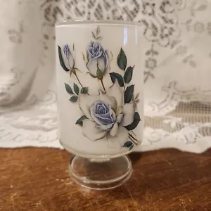 White Glass Floral Goblet/Vase With Small Pedestals 7.5” Tall Blue Flowers - Picture 1 of 6
