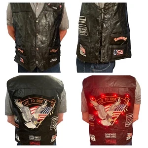 Black Leather Riding Vest Mens 2XL, Biker Live To Ride, Patches,Eagle Lights Up - Picture 1 of 22