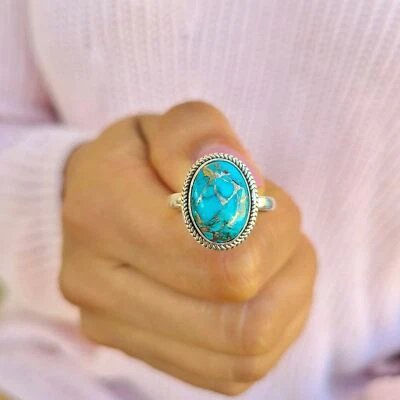Genuine Copper Turquoise Ring 925 Sterling Silver Ring Hand Made Ships From USA - Image 1 of 4
