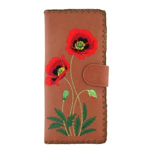 Cartera marrón plegable grande plana bordada con flor de amapola roja, regalo para ella - Imagen 1 de 6