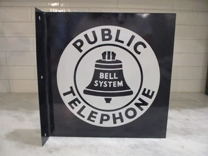 BELL SYSTEM PUBLIC TELEPHONE SIGN w/ FLANGE - DOUBLE SIDED 3 HOLES ~ 11 x 11 - Picture 1 of 11
