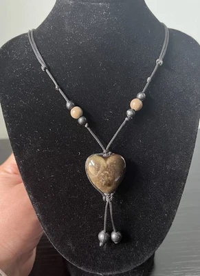 Adjustable Black Cord Necklace With A Ceramic Heart And Acrylic Beads - Image 1 of 4
