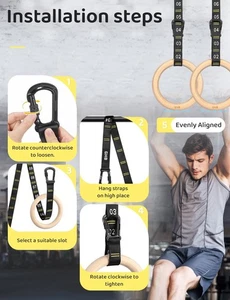 Anillos de Gimnasia Anillos de Gimnasio de Madera Anillos Olímpicos de 1.25" Correas Ajustables Tirar hacia arriba R - Imagen 1 de 9