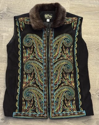 Bob Mackie Wearable Art Vtg Embroidered Faux Fur Collar Zip Vest Women’s Large - Image 1 of 4