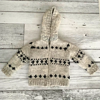 Vintage Cowichan Sweater Hand knit Wool Kids 2T Full Zip Hooded Cardigan Jacket - Image 1 of 4