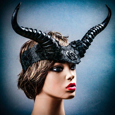 Black Lace Horned Headband Flowers Mystical Creature Antlers Demons Devils - Image 1 of 4